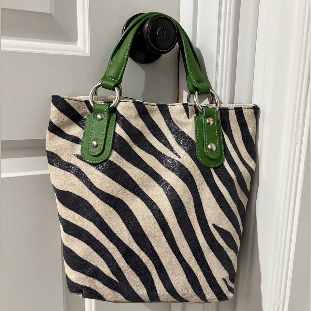 Maurizio Taiuti Zebra Print Leather Tote Bag Green Handles Made in Italy